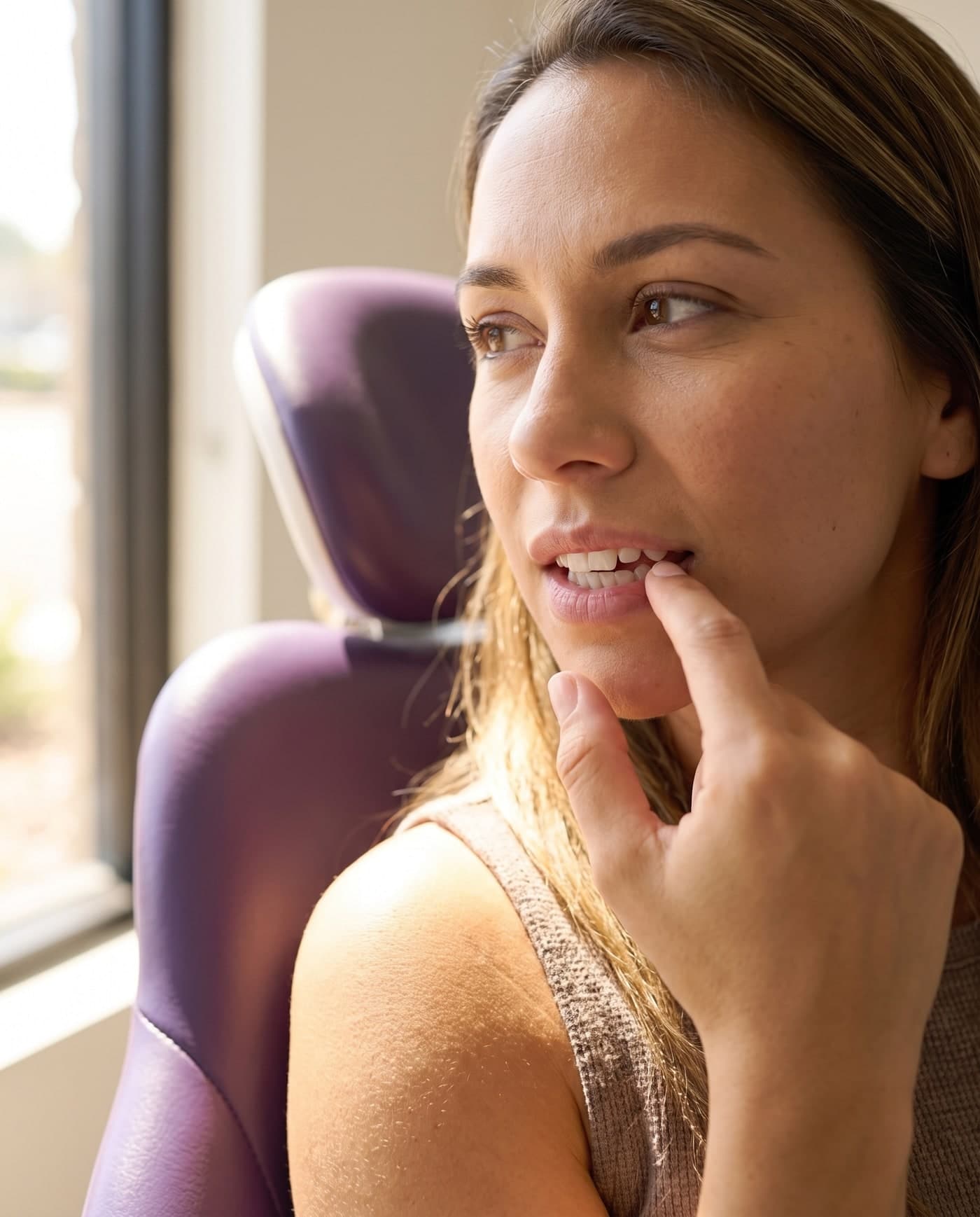 A patient touching a chipped front tooth